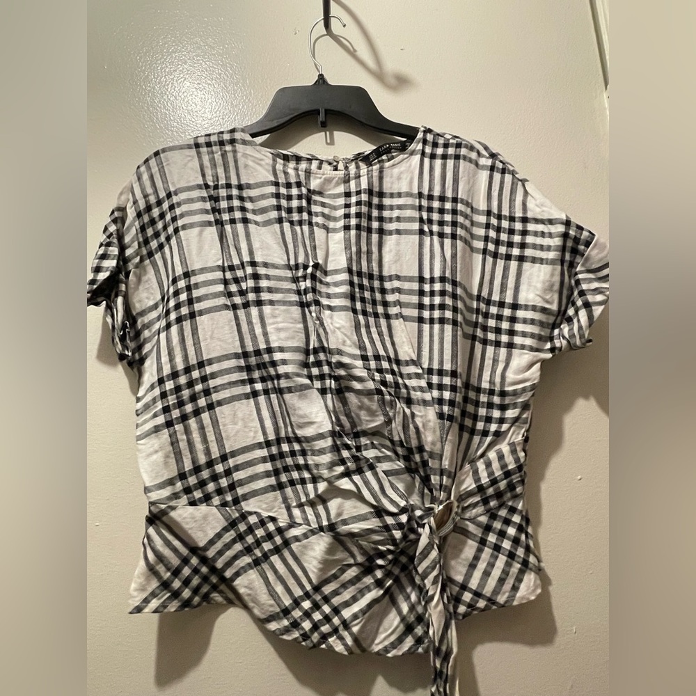 Zara Black and White Plaid Blouse